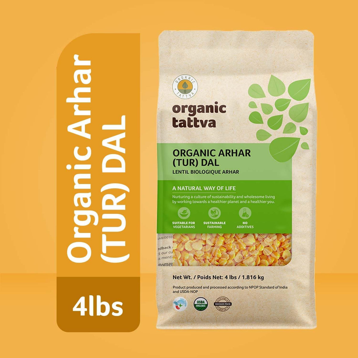 Organic Tattva Toor Dal packaging emphasizing natural ingredients and origin