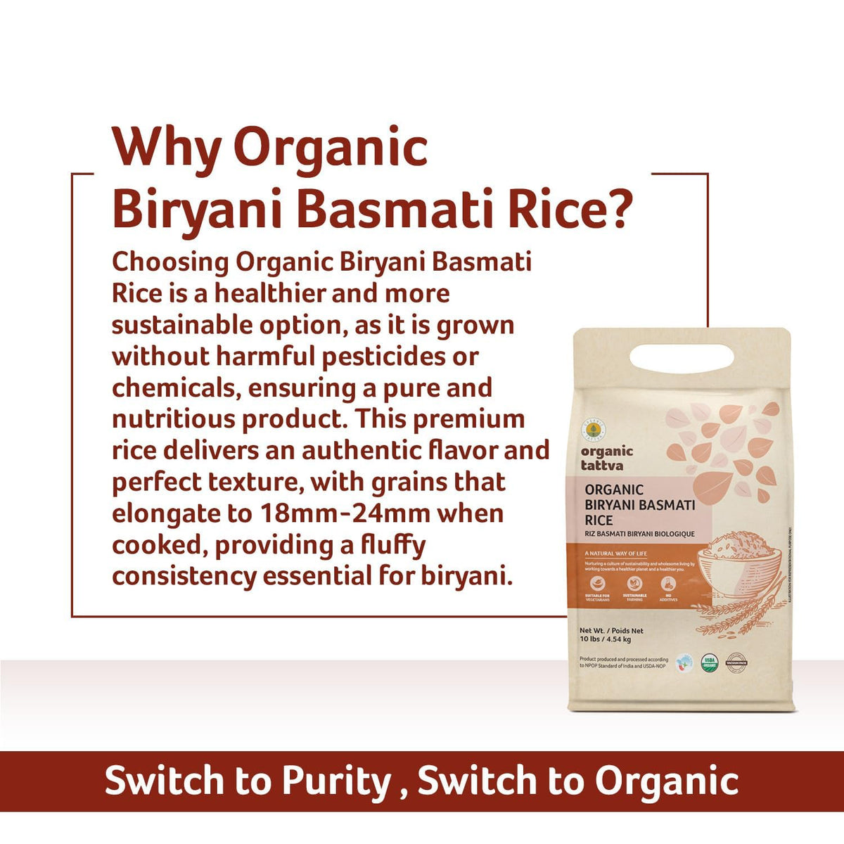 Organic Tattva vegan gluten-free non-GMO badges on packaging indicate dietary fit.