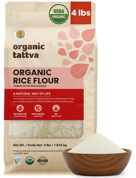 Organic Tattva white rice flour packaging shows a 4 lb bag, preserving freshness for daily use.