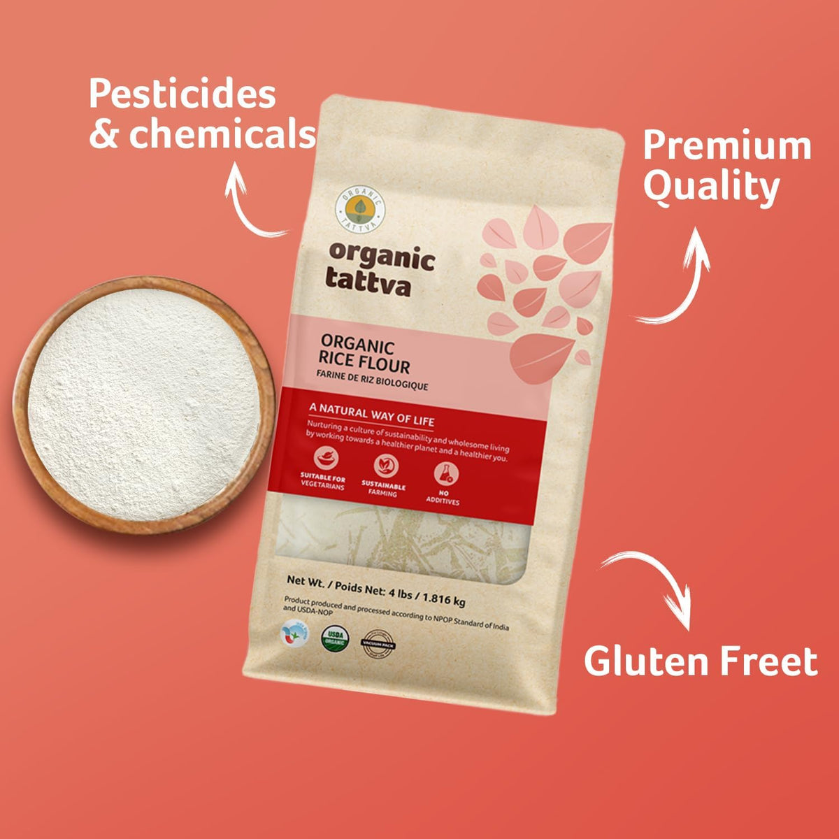 Organic Tattva white rice flour in a bowl with batter demonstrates easy integration.
