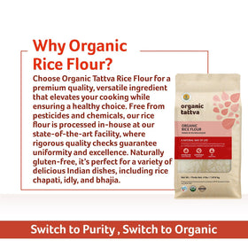 Organic Tattva white rice flour sifted over a counter highlights gluten-free appeal.