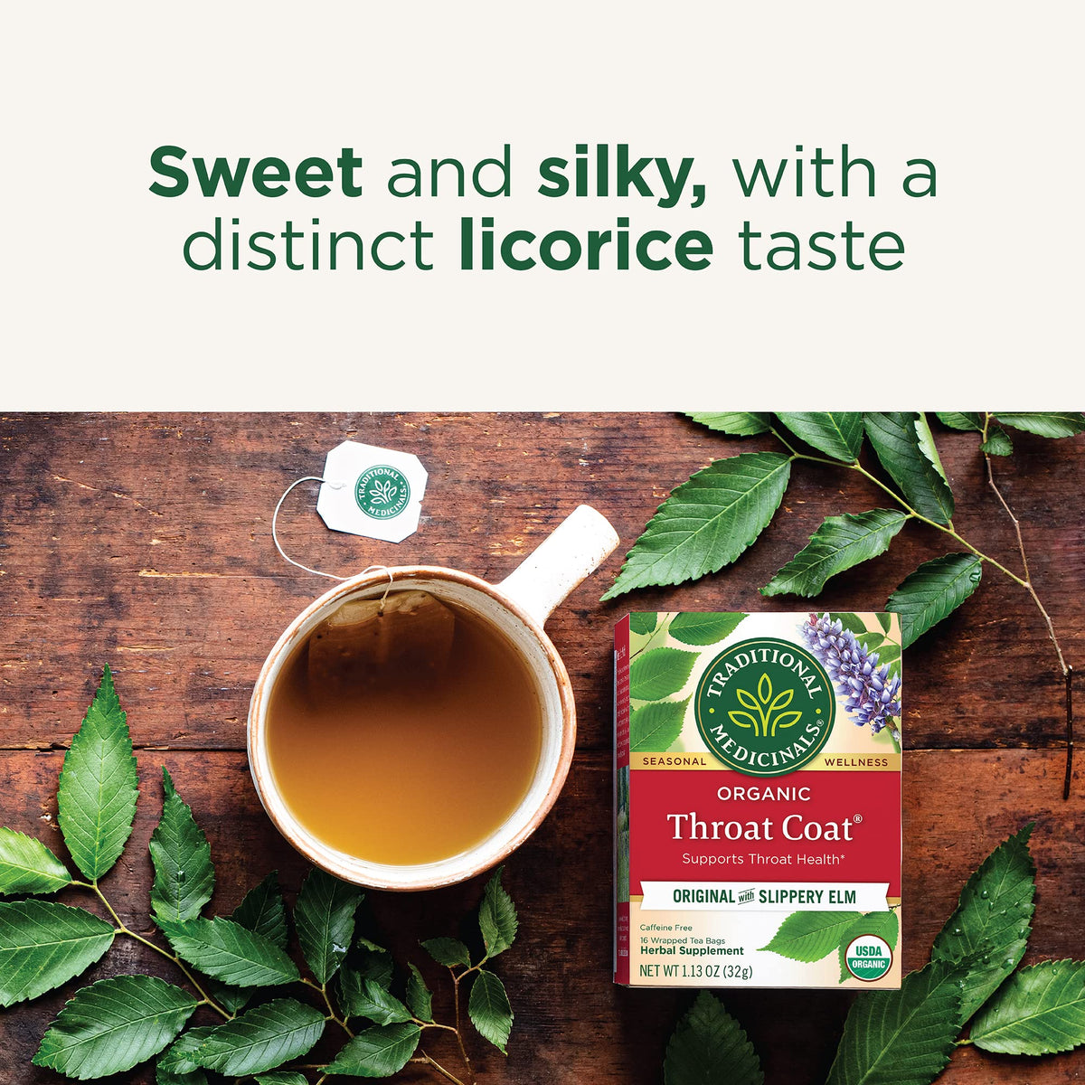 Organic Throat Coat label highlights pure, caffeine-free herbal blend.