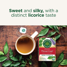 Organic Throat Coat label highlights pure, caffeine-free herbal blend.