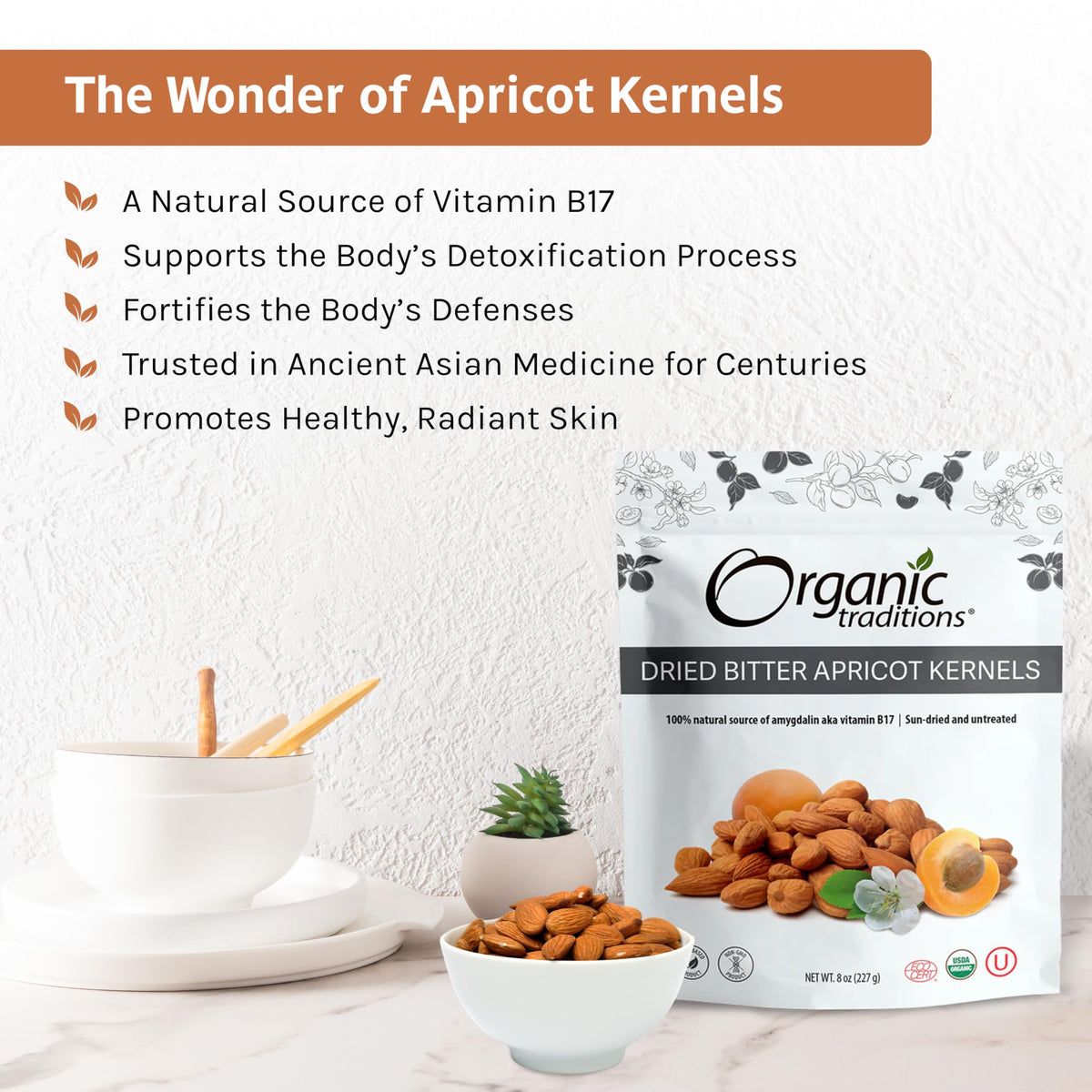 Organic Traditions apricot kernels close-up, raw single-ingredient quality.