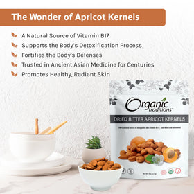 Organic Traditions apricot kernels close-up, raw single-ingredient quality.