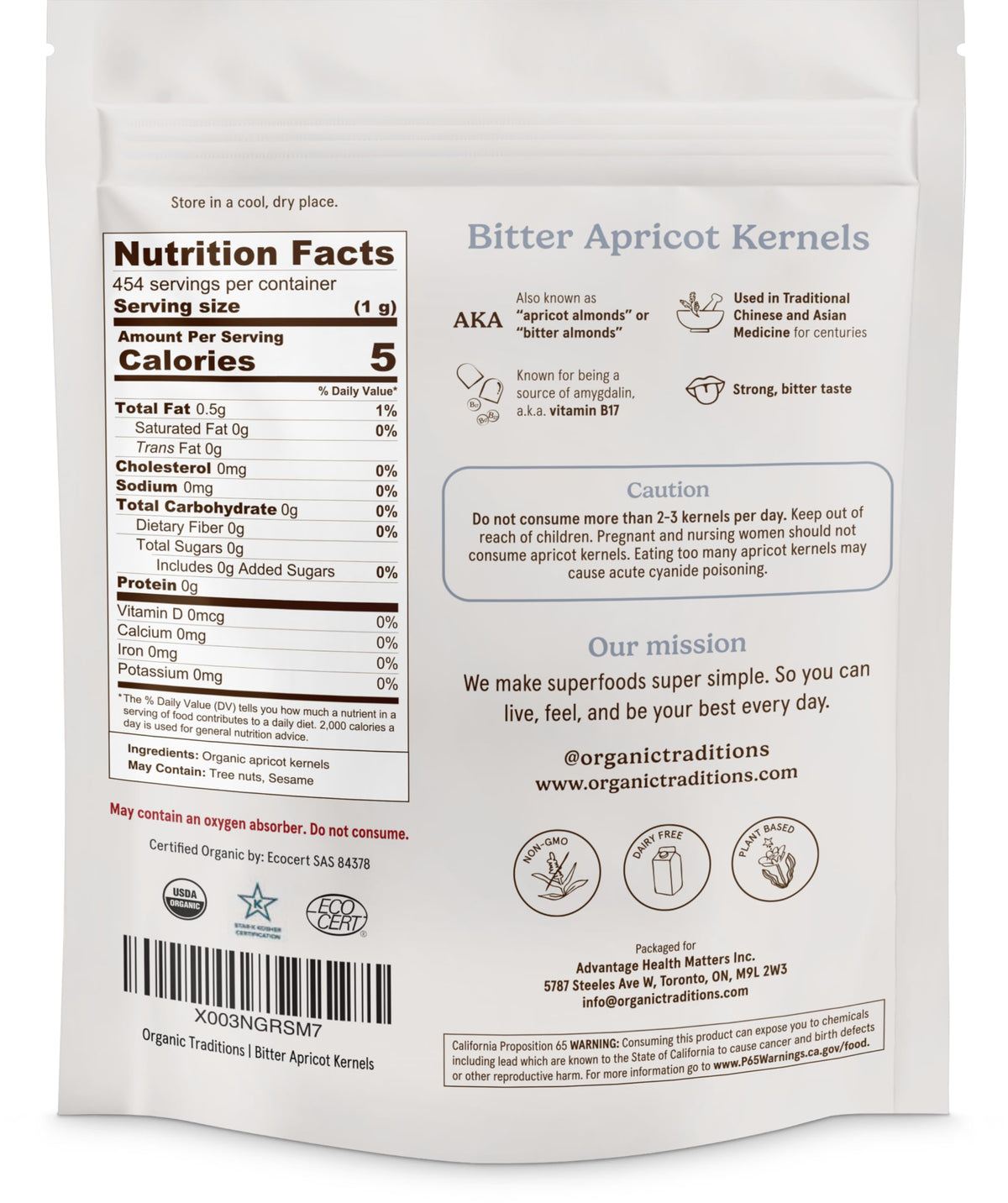 Organic Traditions apricot kernels kitchen scene promotes mindful portioning.