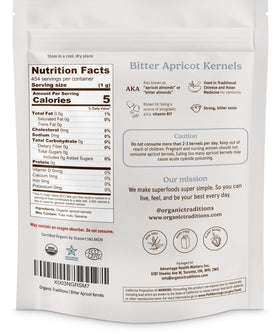 Organic Traditions apricot kernels kitchen scene promotes mindful portioning.