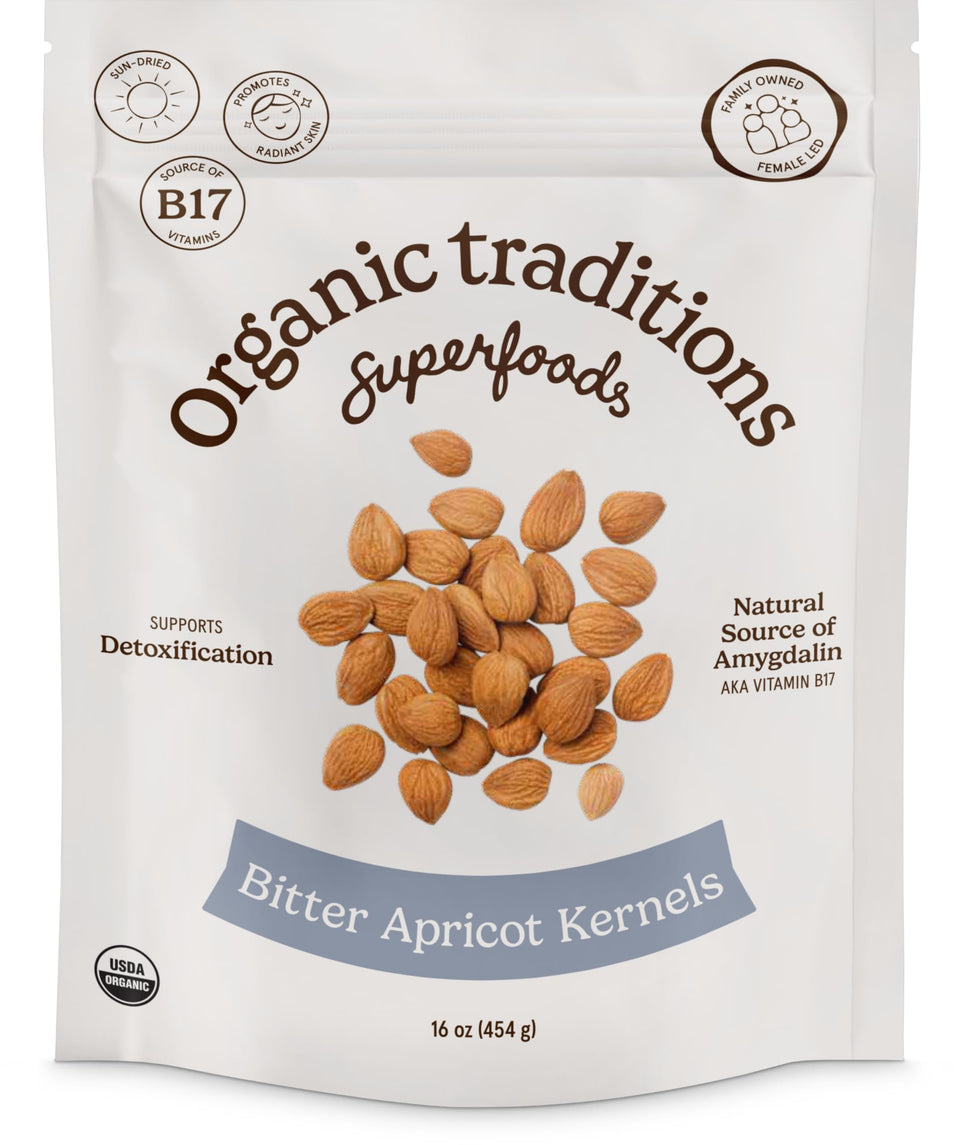 Organic Traditions apricot kernels sundried bowl show natural texture for mindful snacking.