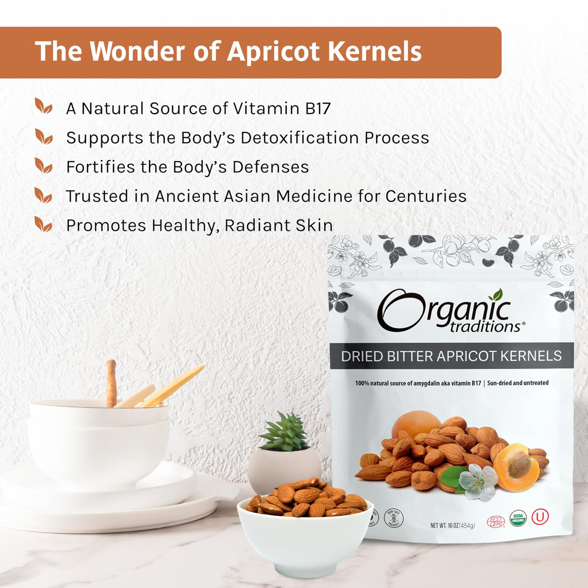 Organic Traditions apricot kernels sweet-bitter flavor closeup hints bold taste for blends.