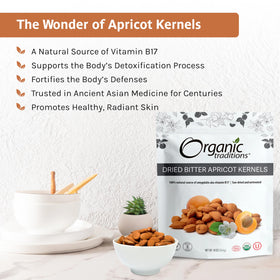 Organic Traditions apricot kernels sweet-bitter flavor closeup hints bold taste for blends.