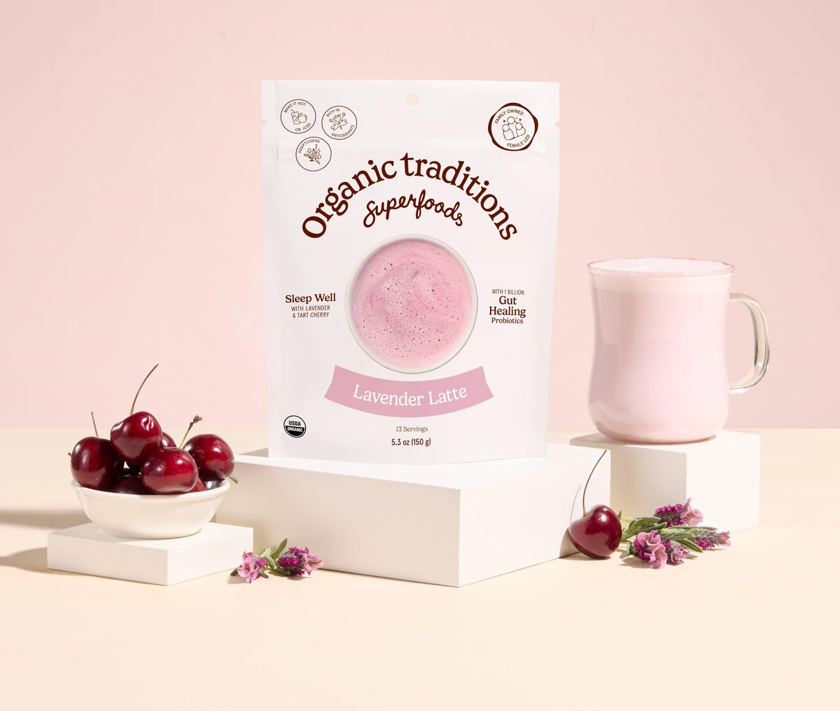 Organic Traditions Lavender Latte probiotics image emphasizes gut-friendly blend after dinner
