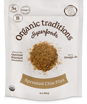 Organic Traditions sprouted chia and flax powder bag boosts vegan nutrition.