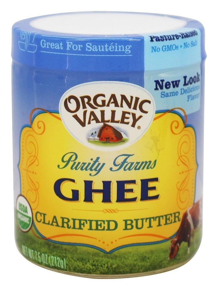 Organic Valley Purity Farm Ghee jar: clear, golden clarified butter for versatile cooking.
