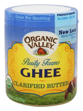 Organic Valley Purity Farm Ghee jar: clear, golden clarified butter for versatile cooking.
