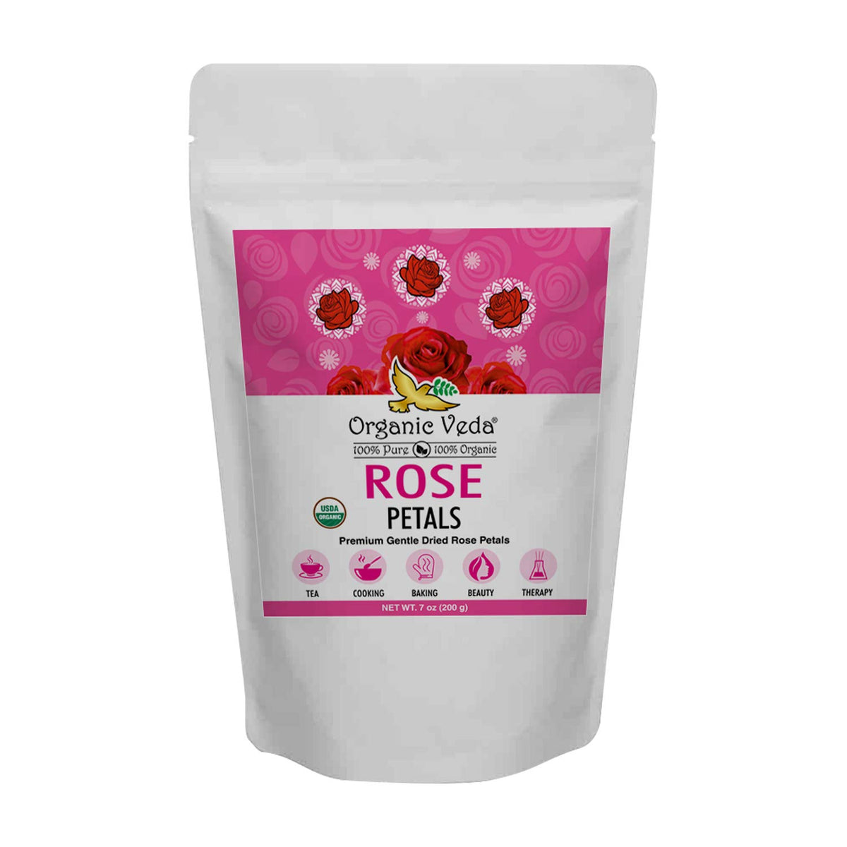 Organic Veda dried rose petals in a 7 oz bag, ideal for culinary use and garnish