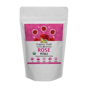 Organic Veda dried rose petals in a 7 oz bag, ideal for culinary use and garnish