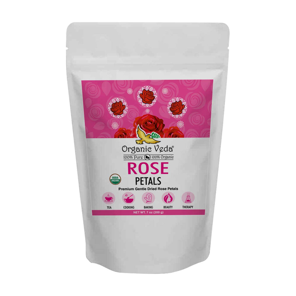 Organic Veda dried rose petals in a 7 oz bag, ideal for culinary use and garnish
