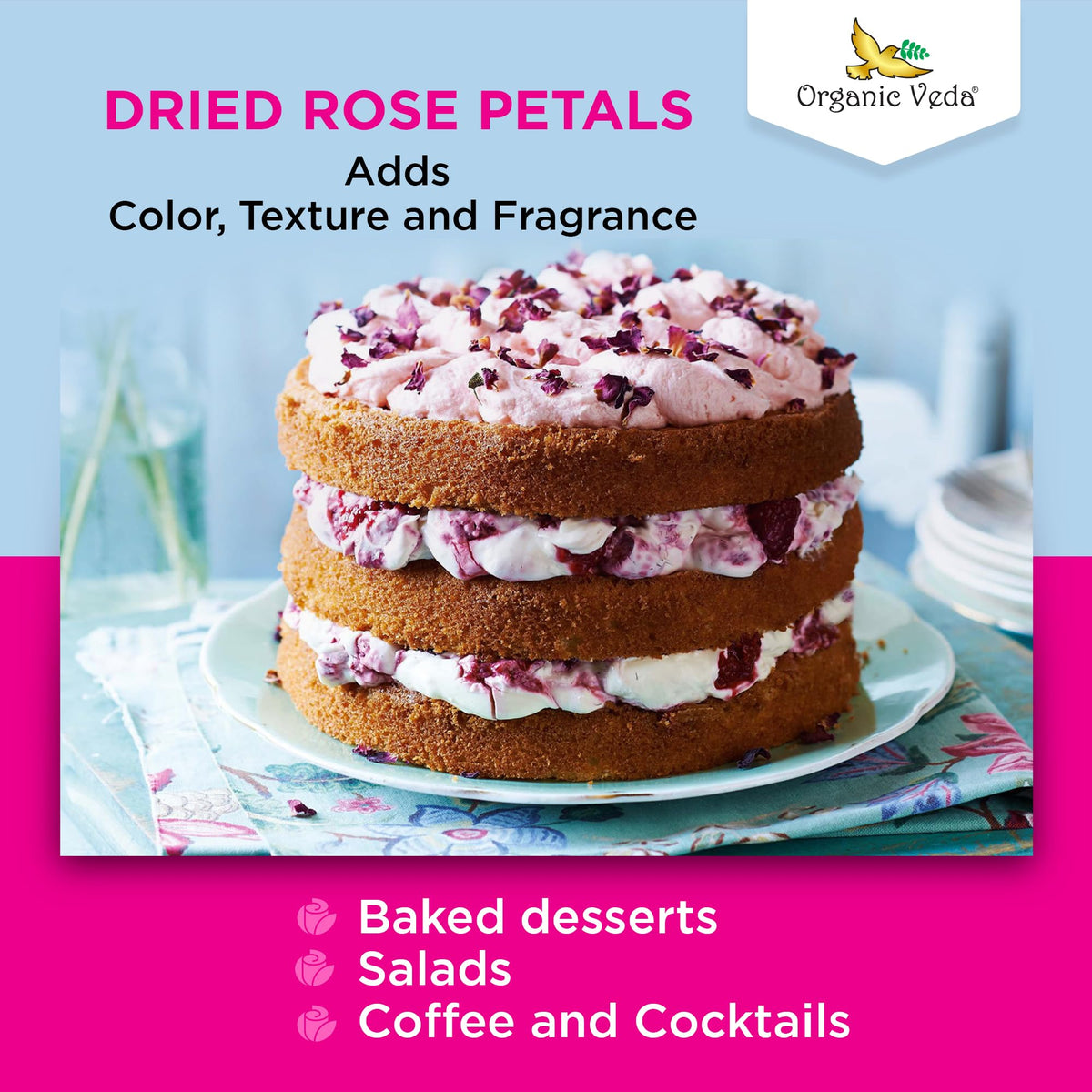 Organic Veda dried petals among decor elements, ideal for crafts and gifts.