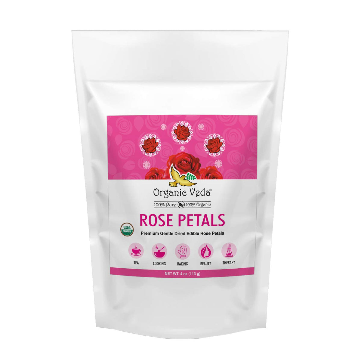 Organic Veda dried rose petals in a jar, vibrant color for cooking and flavoring.