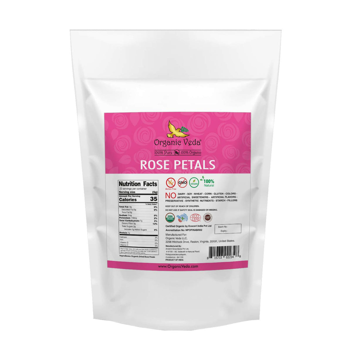 Organic Veda dried rose petals with packaging, ready for pantry or gifting.
