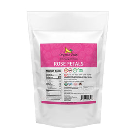 Organic Veda dried rose petals with packaging, ready for pantry or gifting.