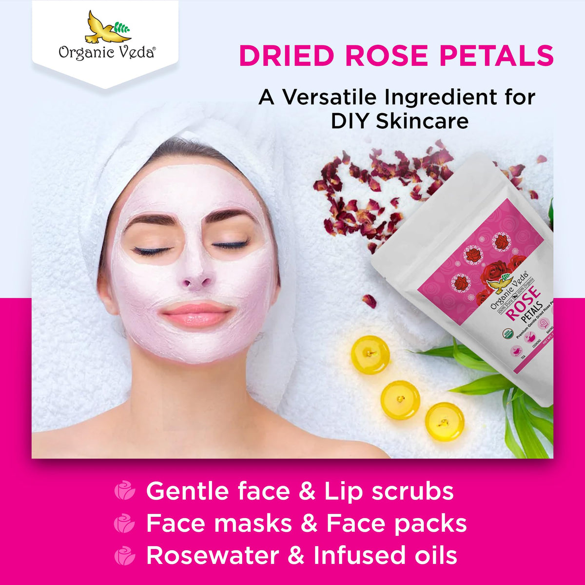 Organic Veda rose petals in handmade soap, natural scent booster.