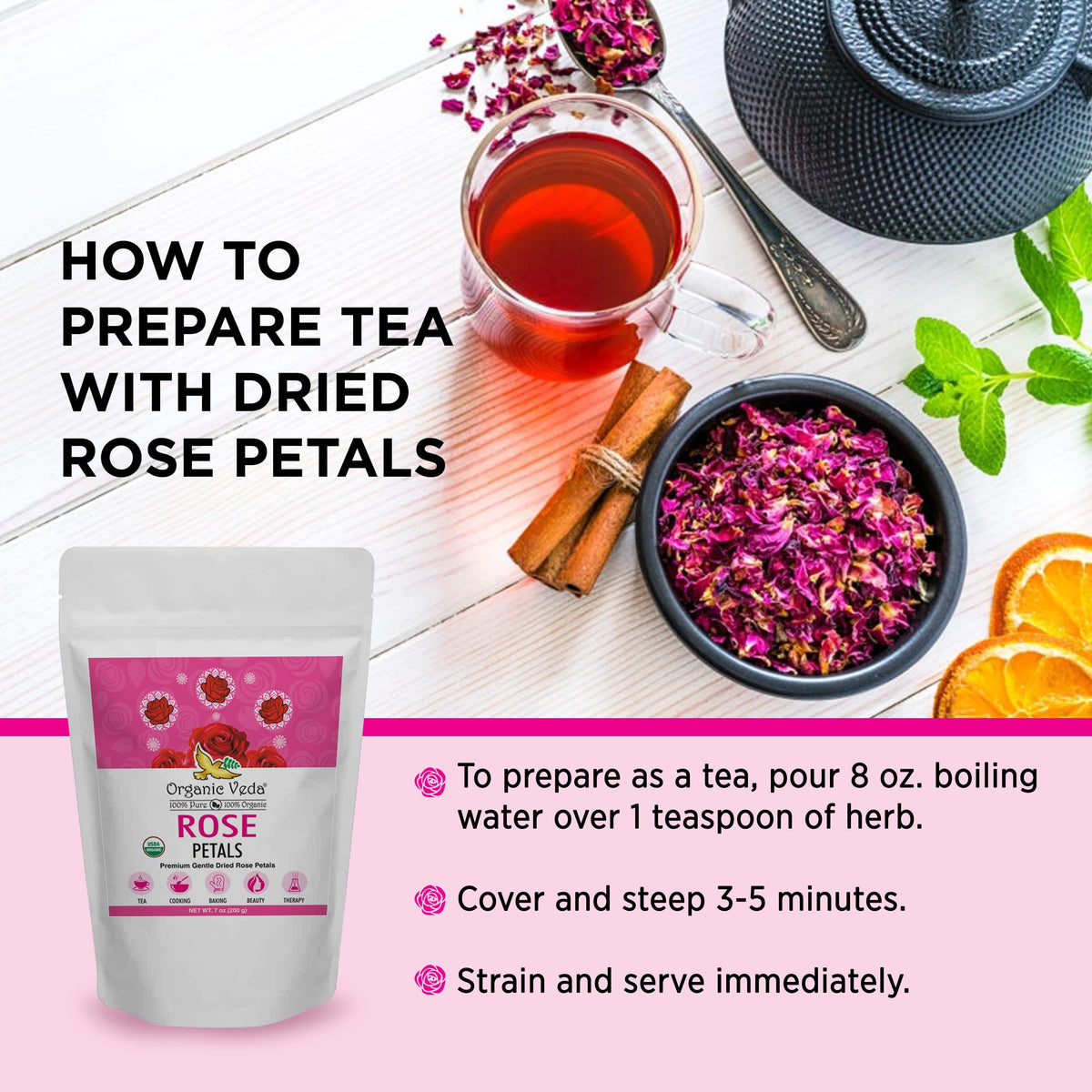 Organic Veda dried petals steeped for tea, releasing delicate fragrance.