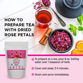 Organic Veda dried petals steeped for tea, releasing delicate fragrance.