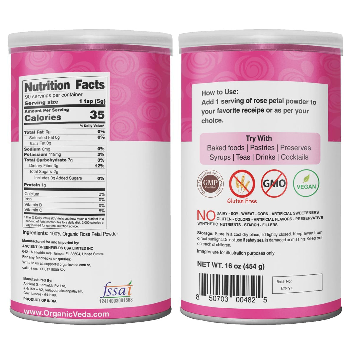 Close-up of Organic Veda rose petal powder reveals fine texture and pink hue.