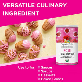 Dessert dusted with Organic Veda rose petal powder for a pink floral note.