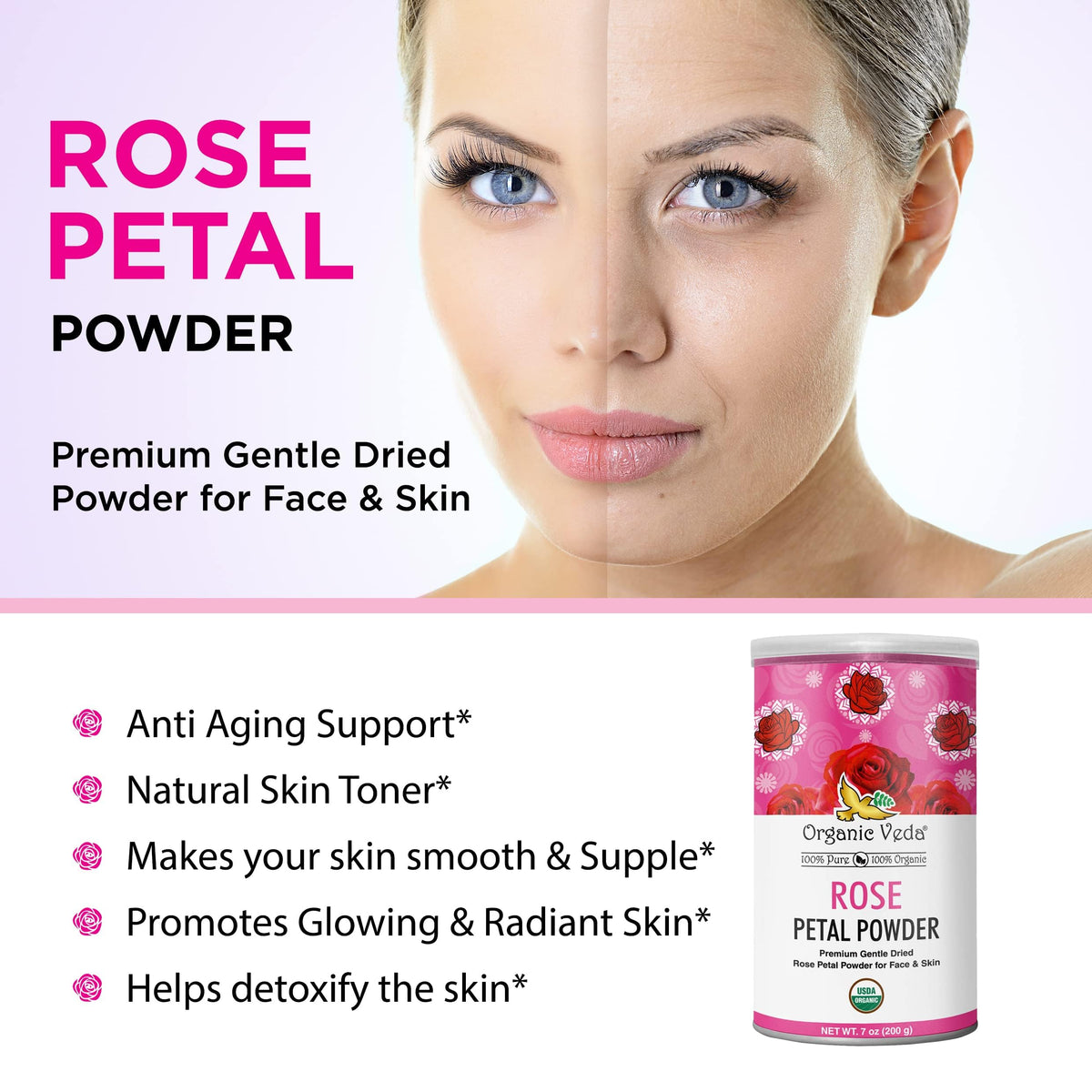 DIY face mask with Organic Veda rose petal powder for skin care.