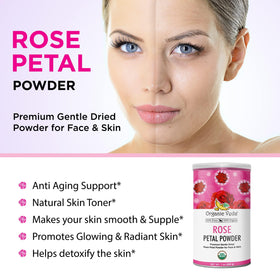 DIY face mask with Organic Veda rose petal powder for skin care.