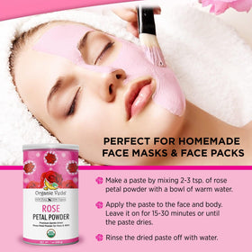 Hair care using Organic Veda rose petal powder to balance scalp and shine.