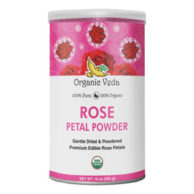 Packaging of Organic Veda rose petal powder shows purity and organic sourcing.