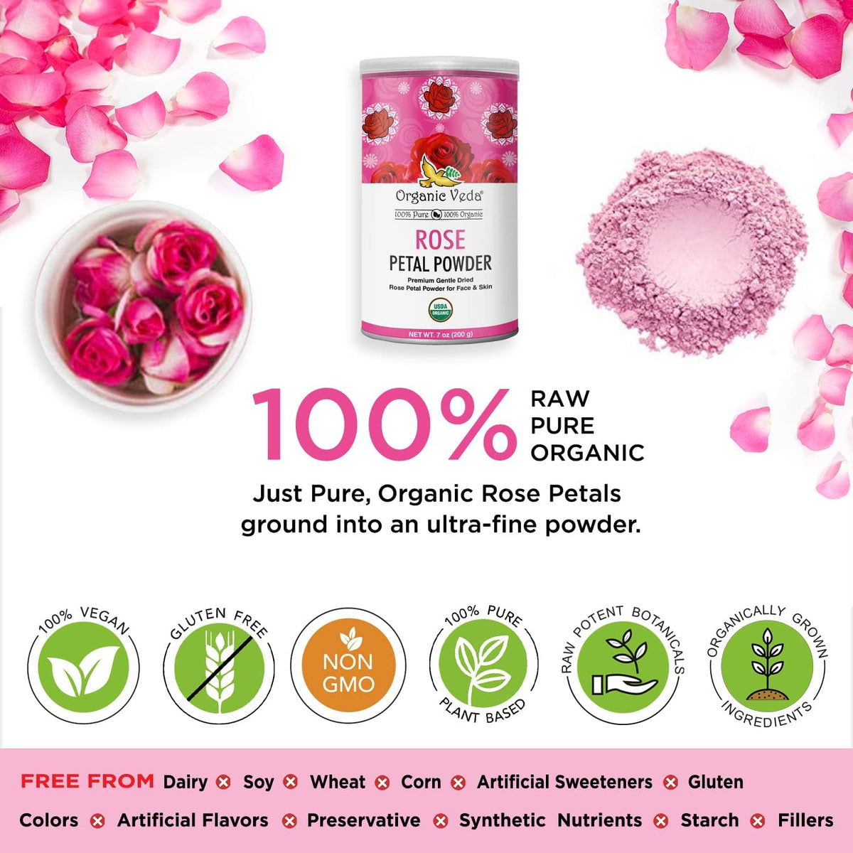 Pouring Organic Veda rose petal powder into a drink for floral lift.