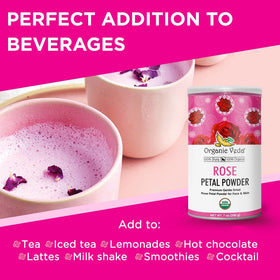 Herbal tea brewed with Organic Veda rose petal powder for fragrant infusion.