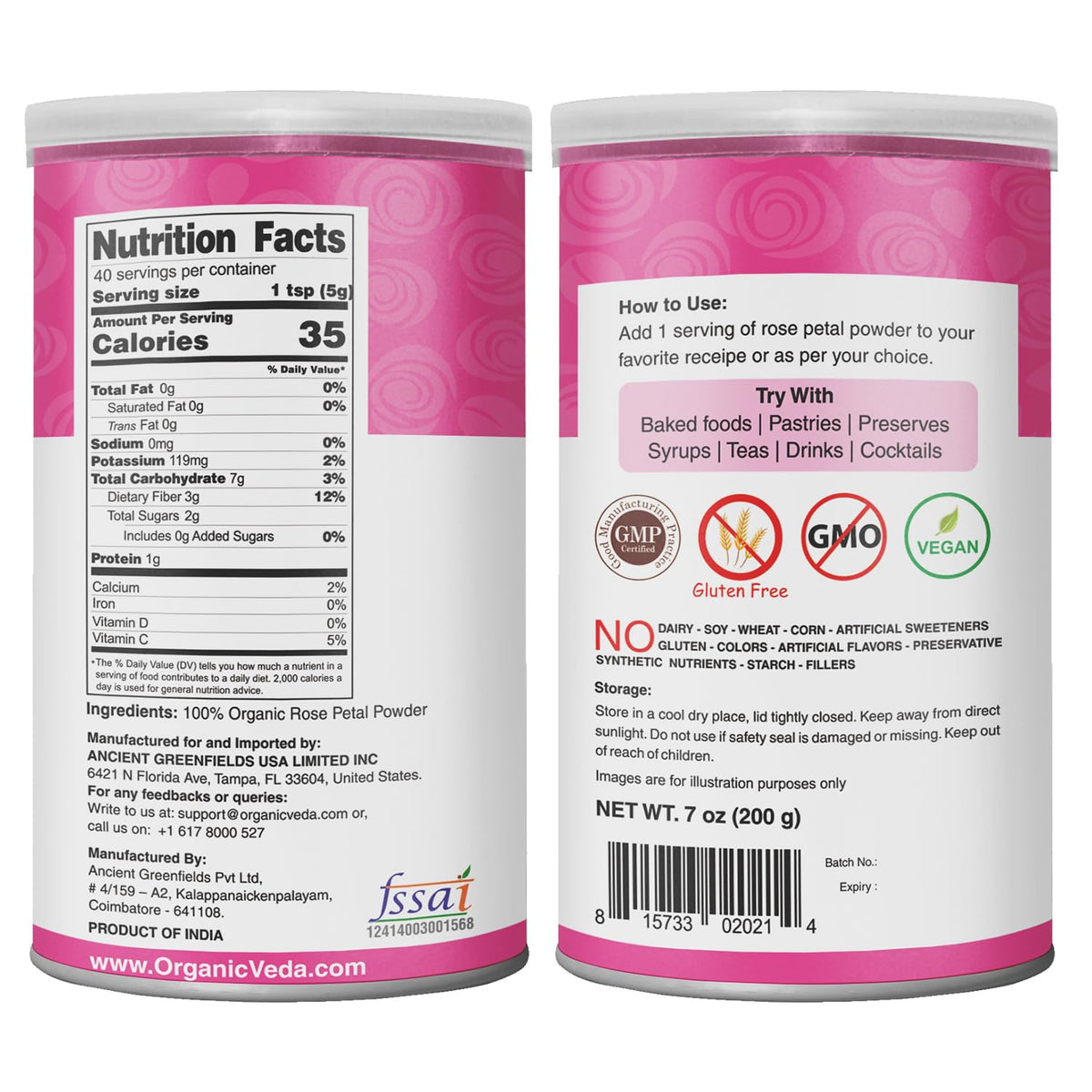 Organic Veda rose petal powder closeup with vibrant pink color and fine texture