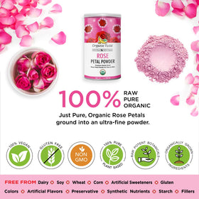 Organic Veda rose petal powder dusted on a dessert for a floral accent