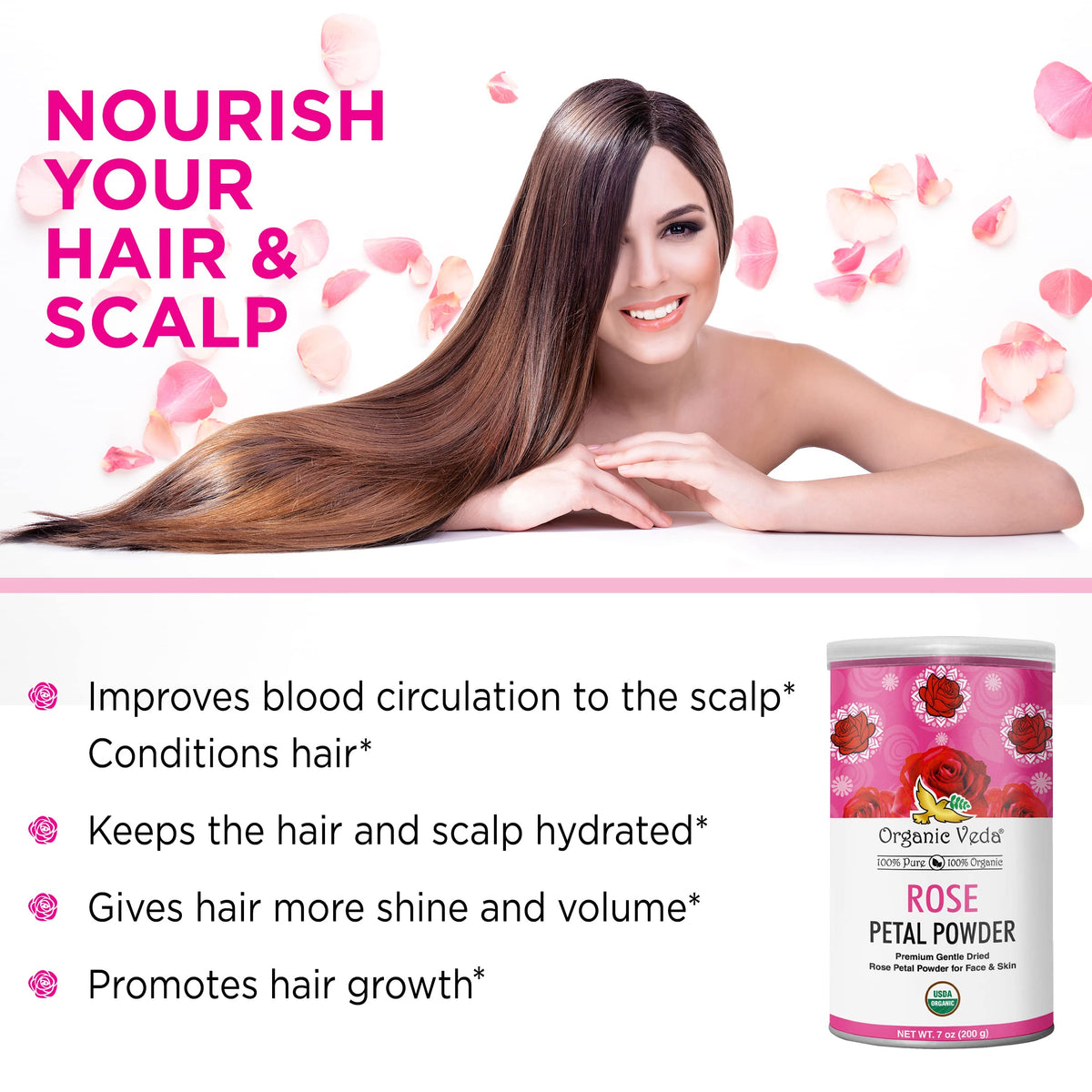 Organic Veda rose petal powder in hair care routine for scent and shine