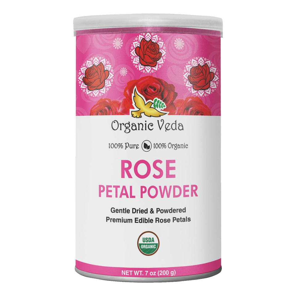 Organic Veda rose petal powder packaging showing purity and gluten-free quality for storage