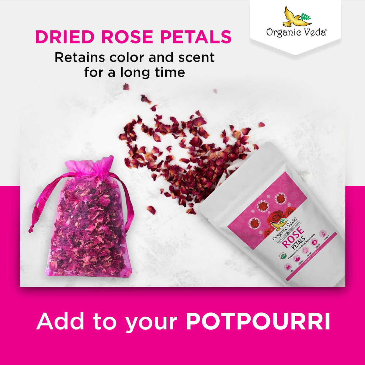 Organic Veda dried rose petals for decor, crafts, and potpourri