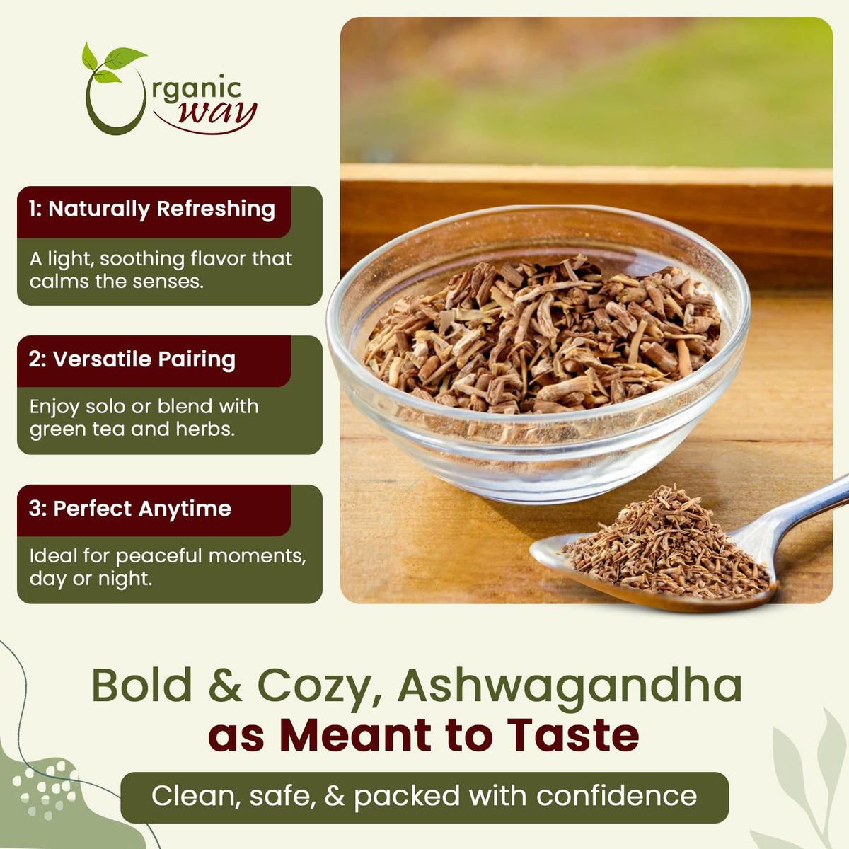 Organic Way ashwagandha root bulk pouch for long-lasting freshness.