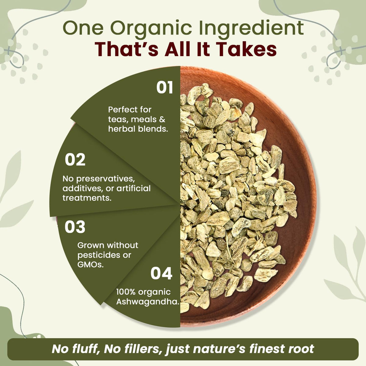 Organic Way ashwagandha root cut and sifted, versatile for blends and tonics.