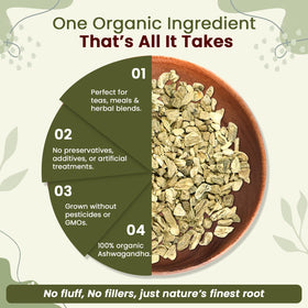 Organic Way ashwagandha root cut and sifted, versatile for blends and tonics.
