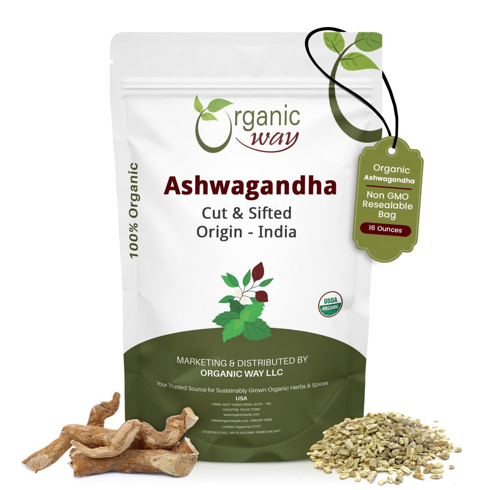 Organic Way ashagandha root cut and sifted for tea, ideal for blends.