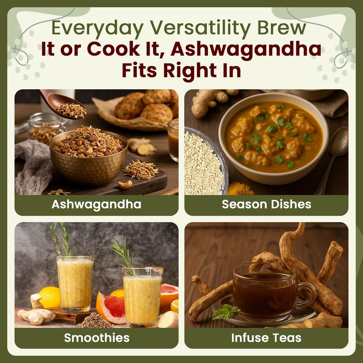 Organic Way ashwagandha root for pantry-worthy herbal blends and spice cabinet.