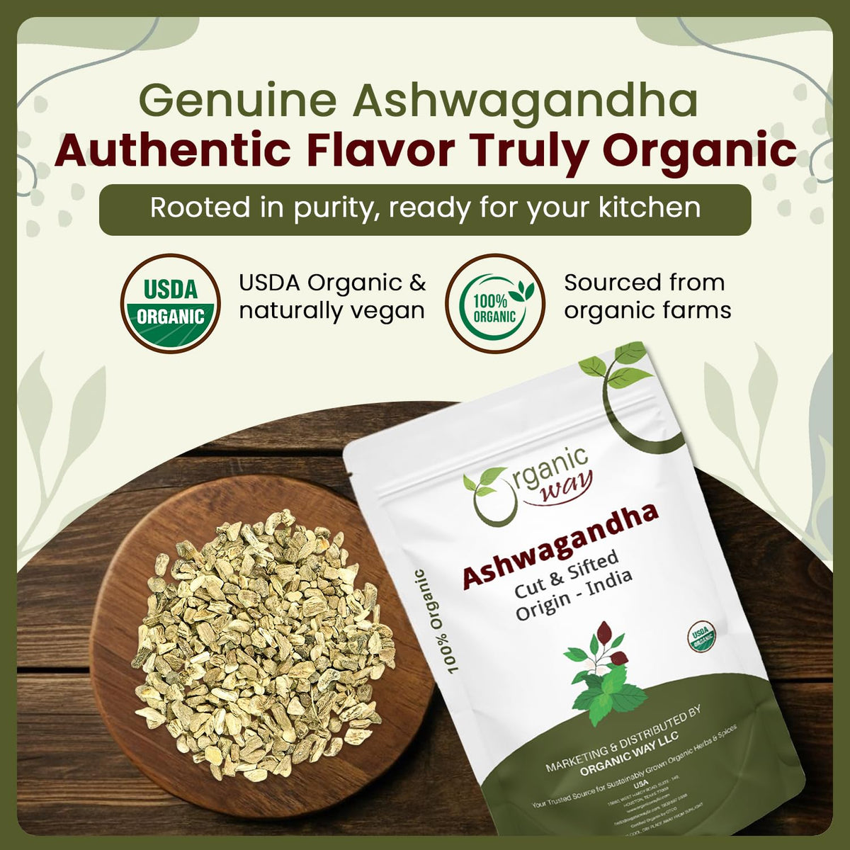 Organic Way ashwagandha root cut and sifted for DIY tinctures and infusions.