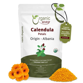 Organic Way calendula petals in bag for fragrant herbal tea blends.