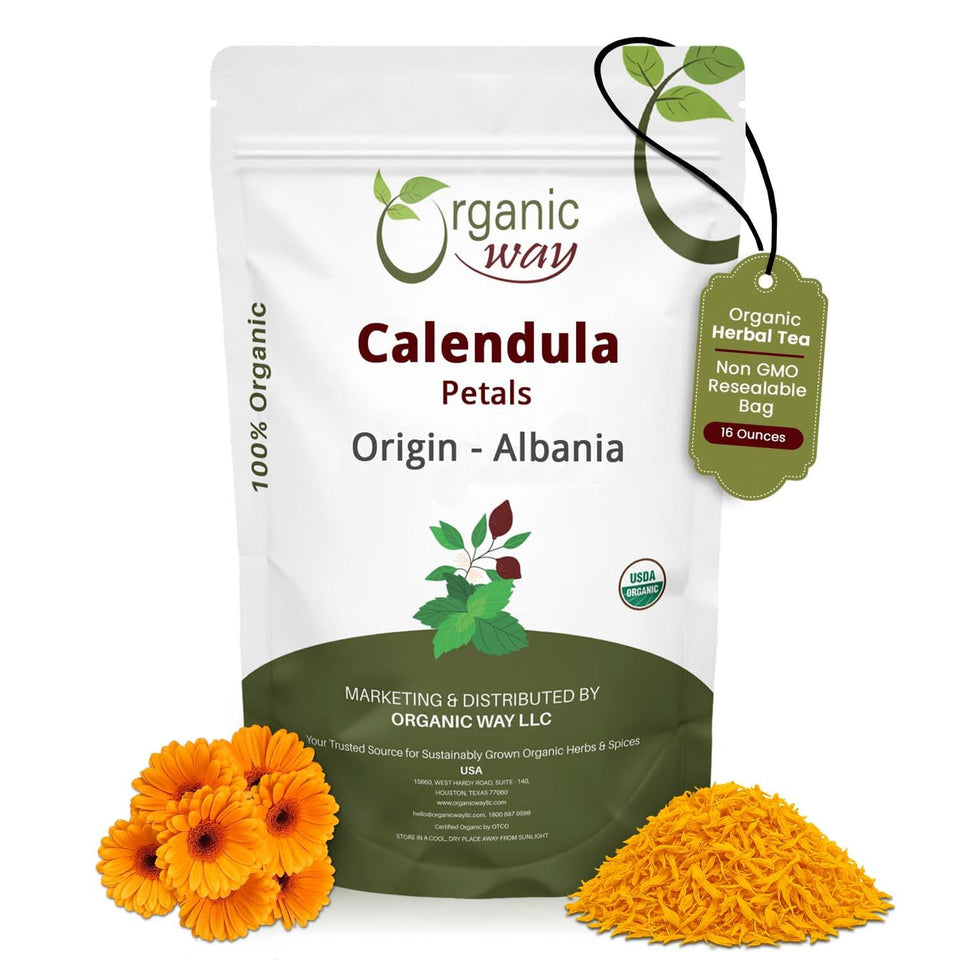 Organic Way calendula petals in bag for fragrant herbal tea blends.