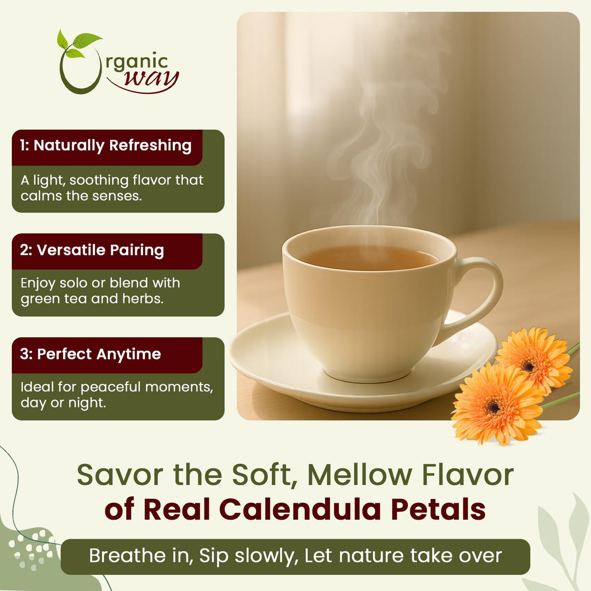 Organic Way calendula petals ideal for infusions and skincare blends.
